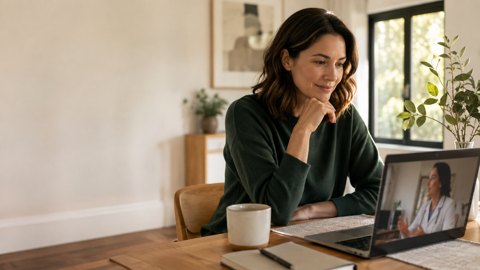 A patient having a thoughtful virtual consultation from home